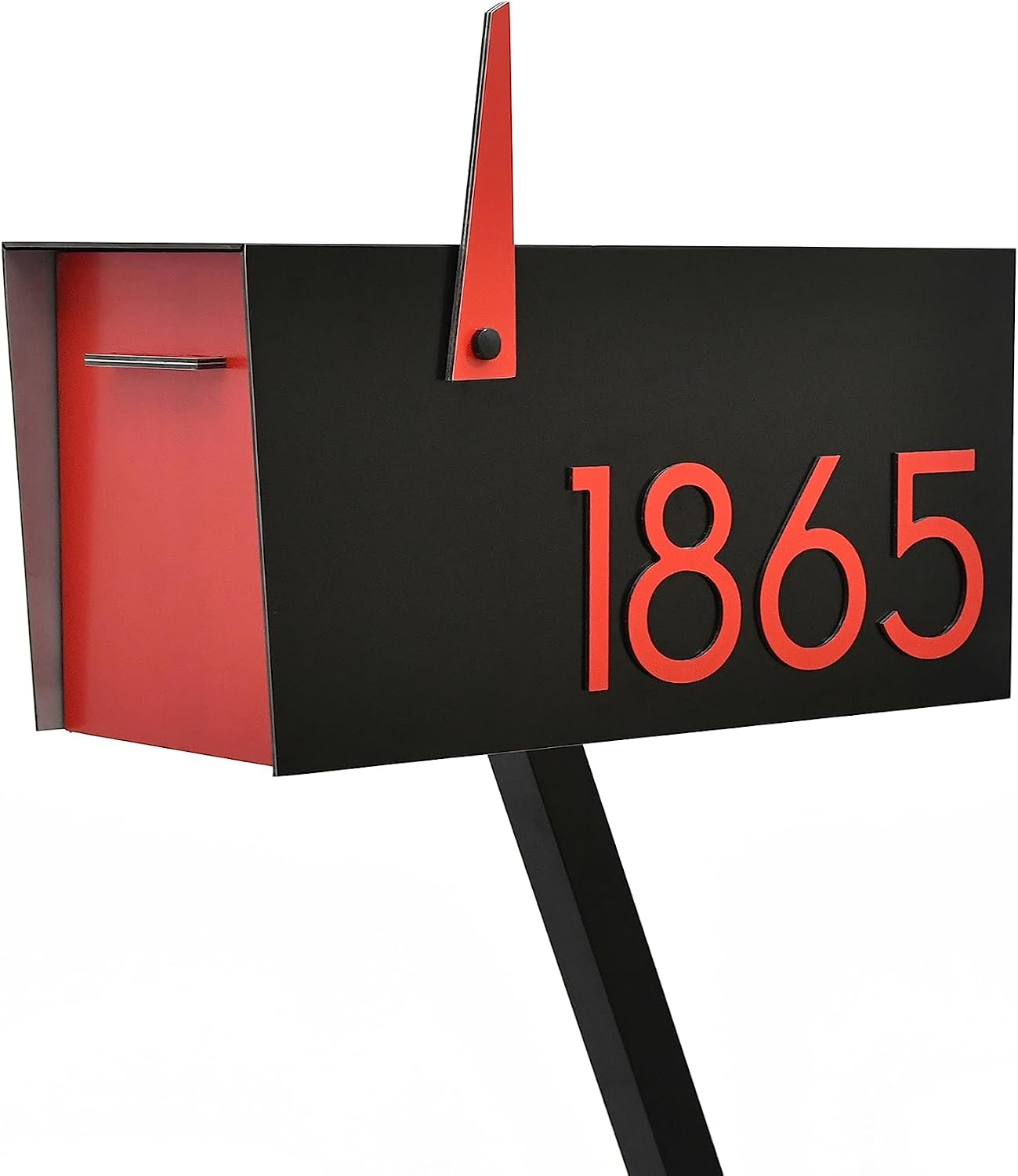 Contemporary Post-Mount Mailbox - Aluminum Black Body with Aluminum Door, Numbers and Flag - Large Customized Mailbox - Type 4 (Red)