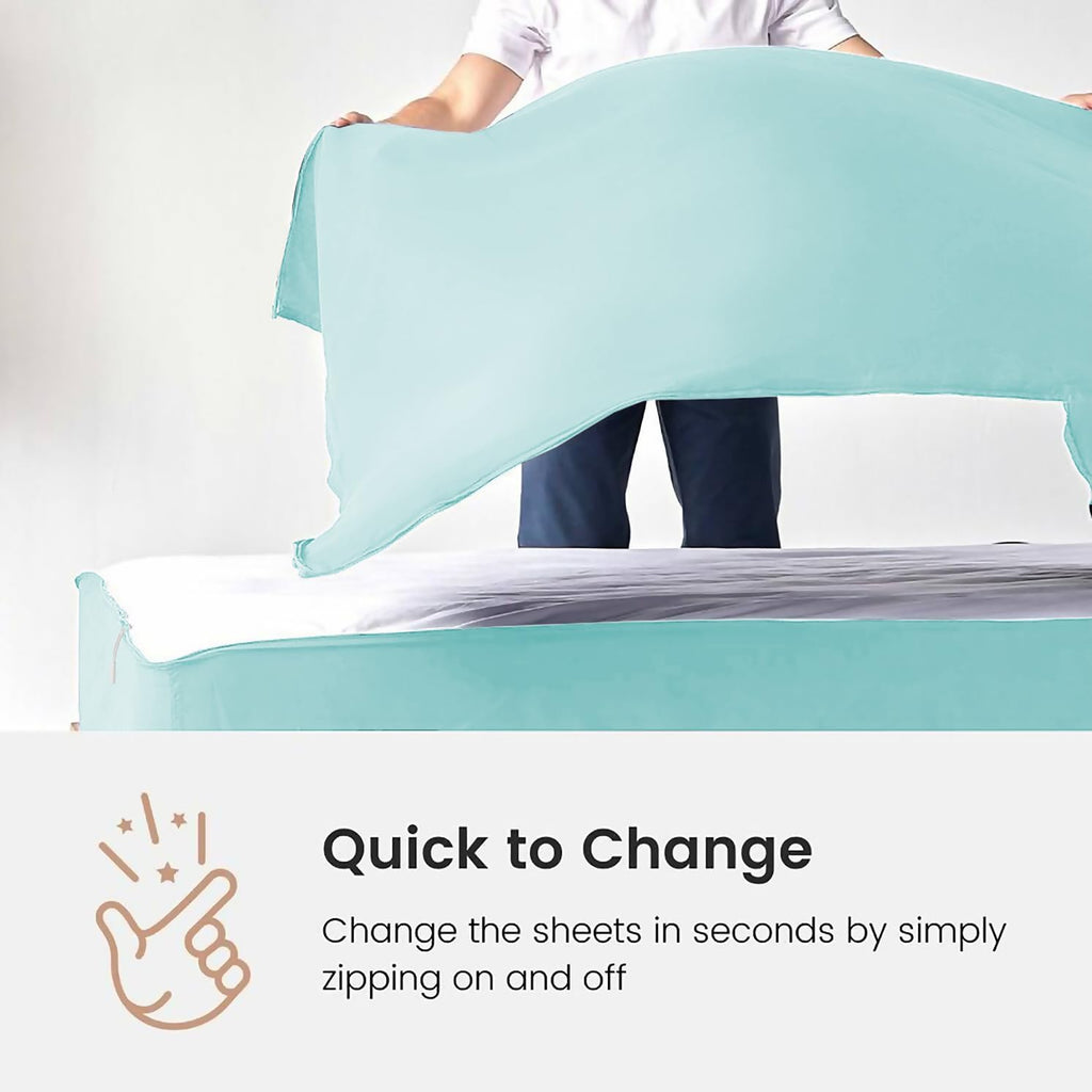 Zipper Fitted Sheet - Includes 1 Fitted Sheet Base & 2 Zip-On Sheets - Upto 16' in. Deep Pockets Queen Size Zipper Fitted Sheet - Easy to Change, Sateen Cotton 600 TC Fitted Sheet - Aqua Blue