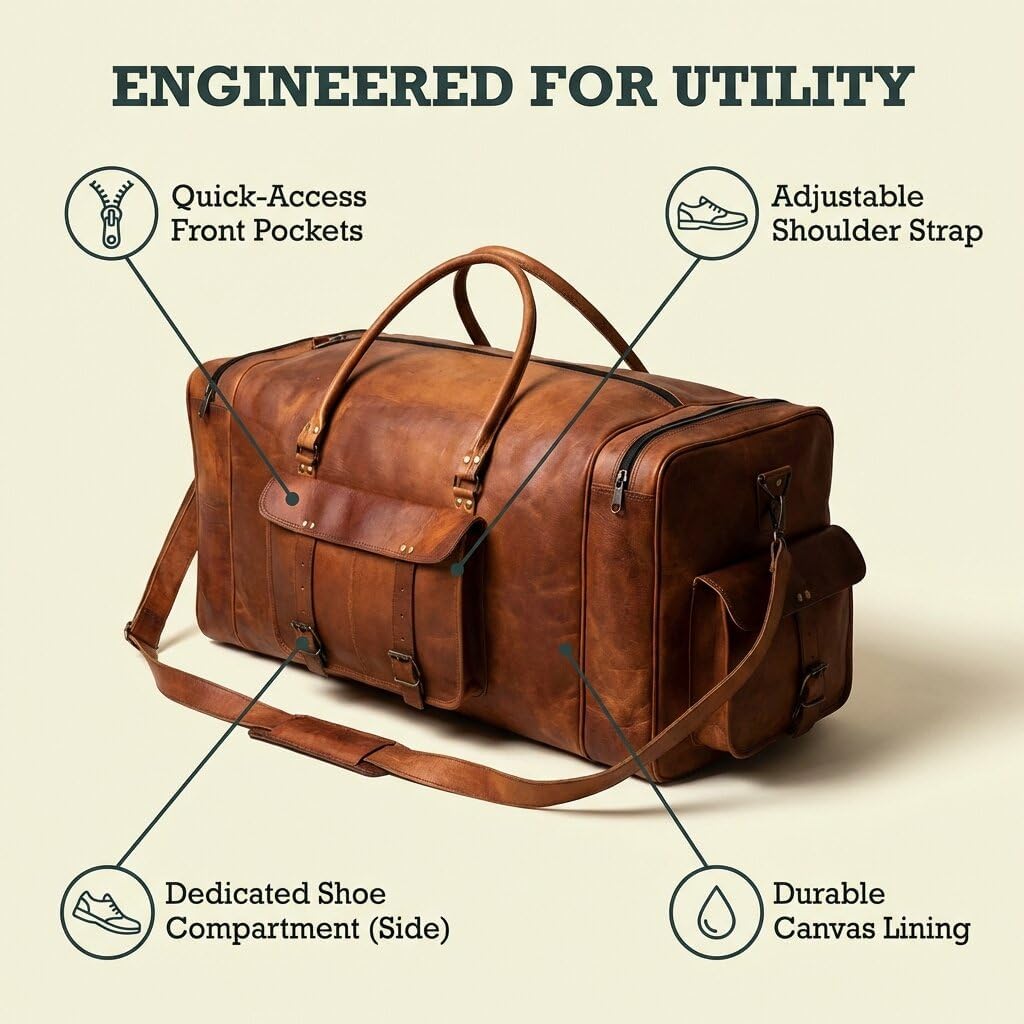 Leather Duffle Bag for Men Luggage Handmade Travel Bag Carry On Luggage Weekender Bags Overnight Gym Sports Cabin Holdall Bag For Airplanes Men And Women (34 Inch Brown)