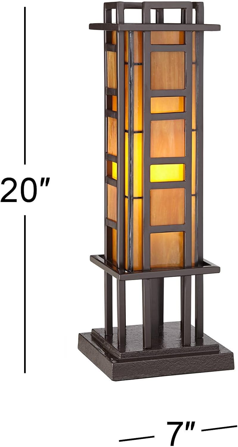 Robert Louis Tiffany Prairie Style Mission Rustic Pillar Accent Table Lamp Bronze Iron Column Hand-Cut Amber Stained Art Glass for Cottage Core Living Room Bedroom House Bedside Nightstand Family