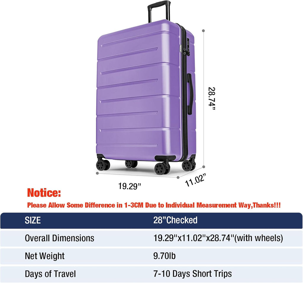 KYME Large Suitcases with Wheels Hardshell 28 Inch Luggage TSA Approved Big Checked Luggage Durable Travel Rolling Suitcase for Women Lt Purple