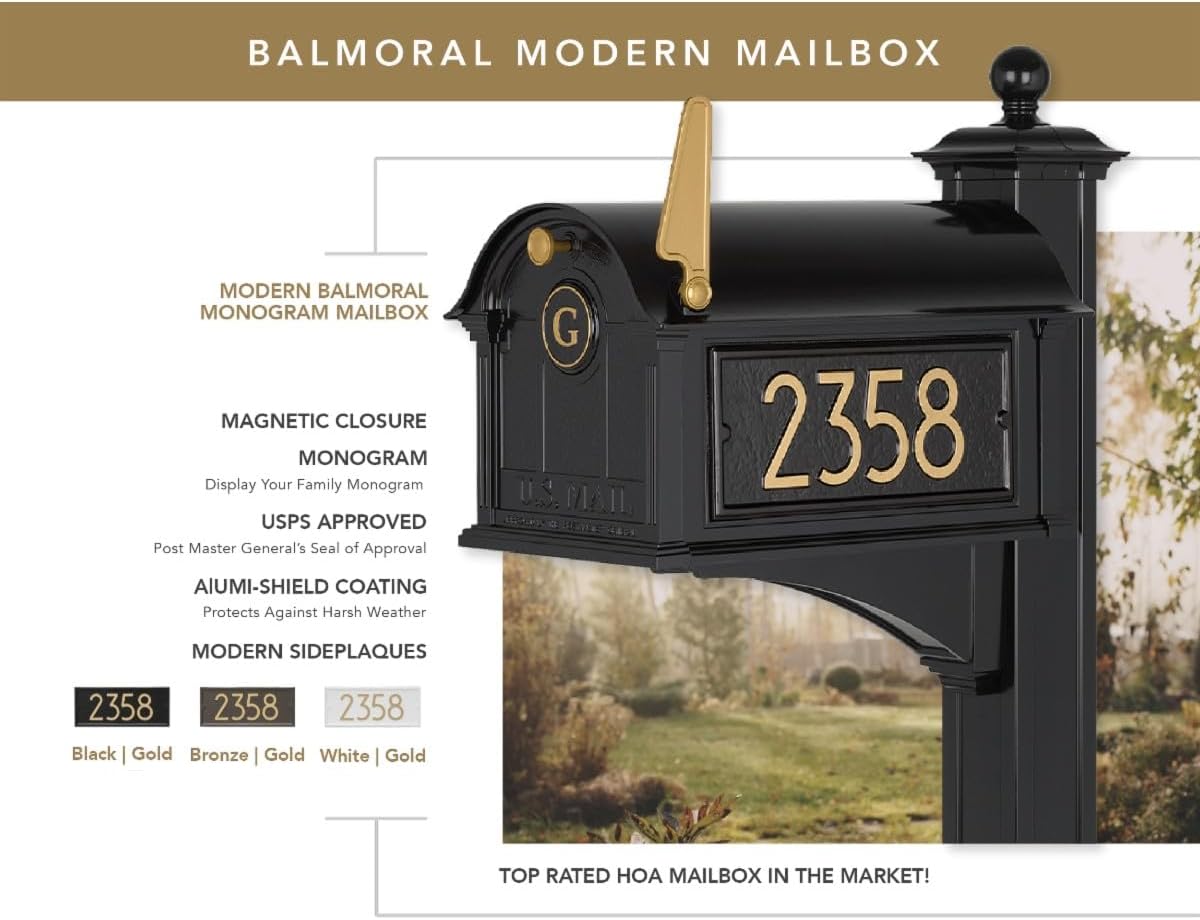 Whitehall Custom Extra Large Mailbox - Balmoral Model with Modern Style Address Plaques, Monogram and Side Mount Post Package, Sand Cast Aluminum, Black Personalized in Goldtone