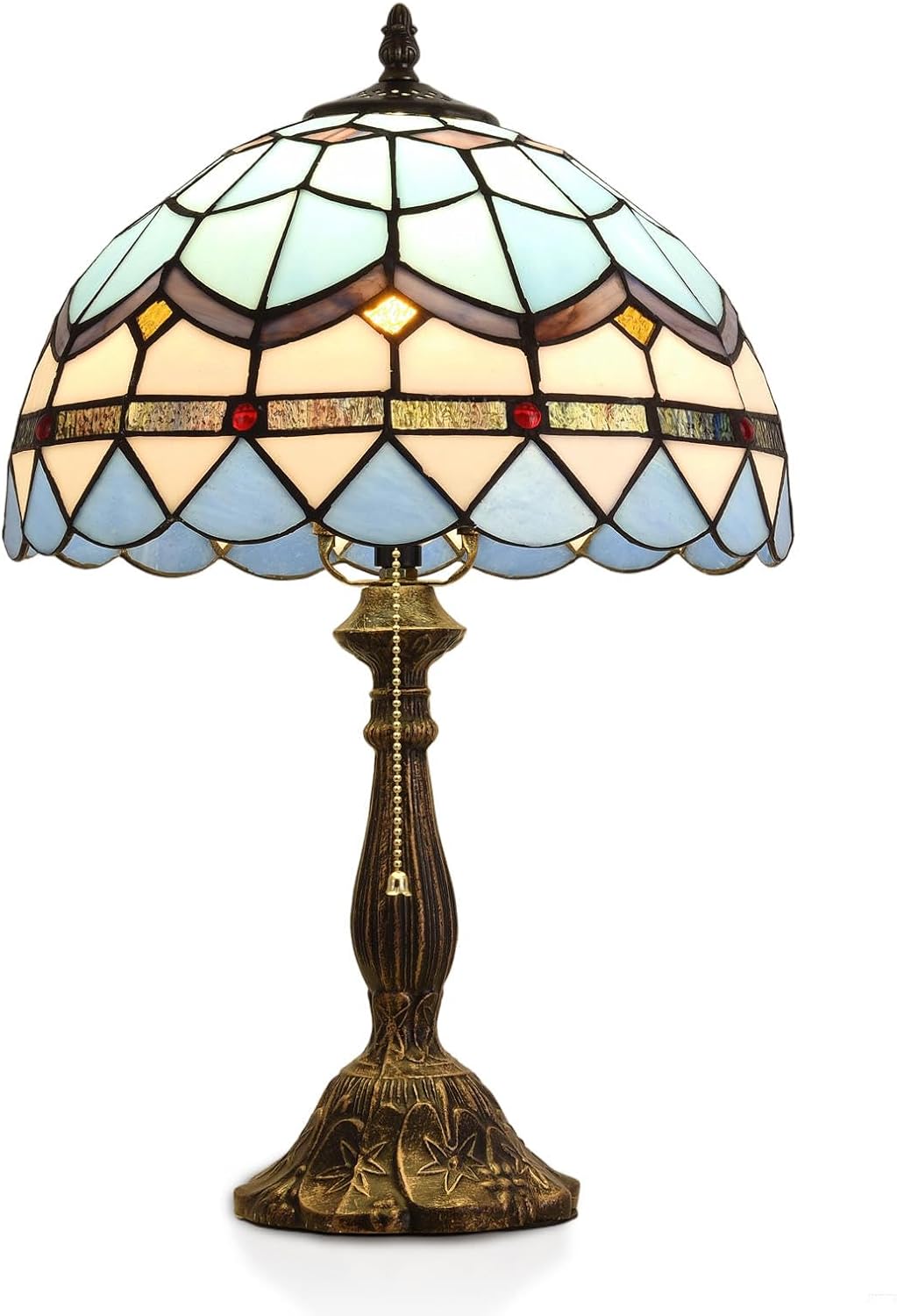 Tiffany Table Lamp, 12-inch Mediterranean Blue Style, Stained Glass Lamp for Living Room, Dining Room, Bedroom, Study Room, Office