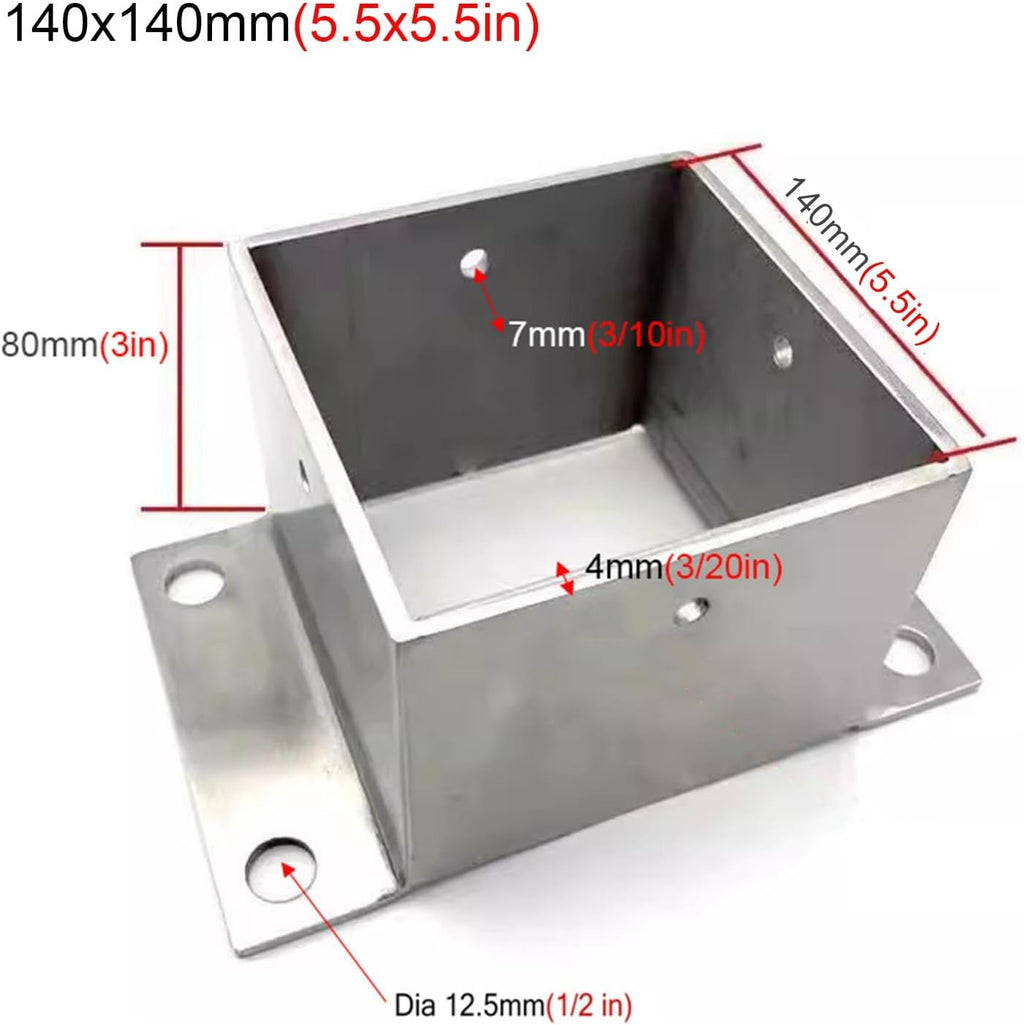 Stainless Steel Wood Fence Post Anchor Base - Square Railing Post Supports with Screws(140x140mm)