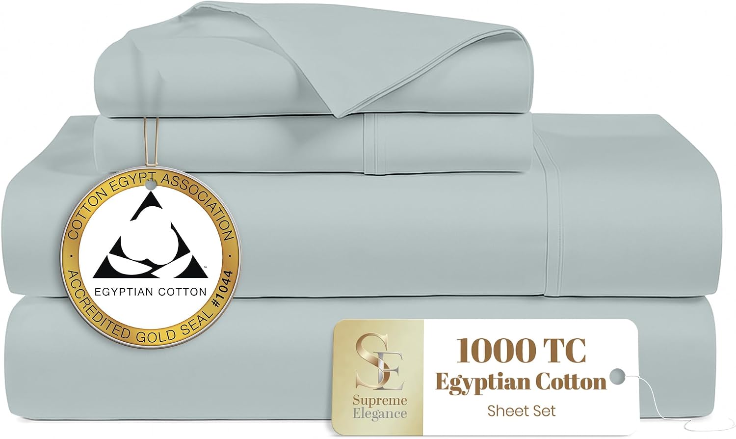 SUPREME ELEGANCE 4Pc 100% Egyptian Cotton Queen Size Sheets Set, 1000 Thread Count Sateen, Moisture Wicking, Ultra Soft & Breathable Bed Sheets, Gold Seal Luxury Bedding, 18' Deep Pocket, Light Gray