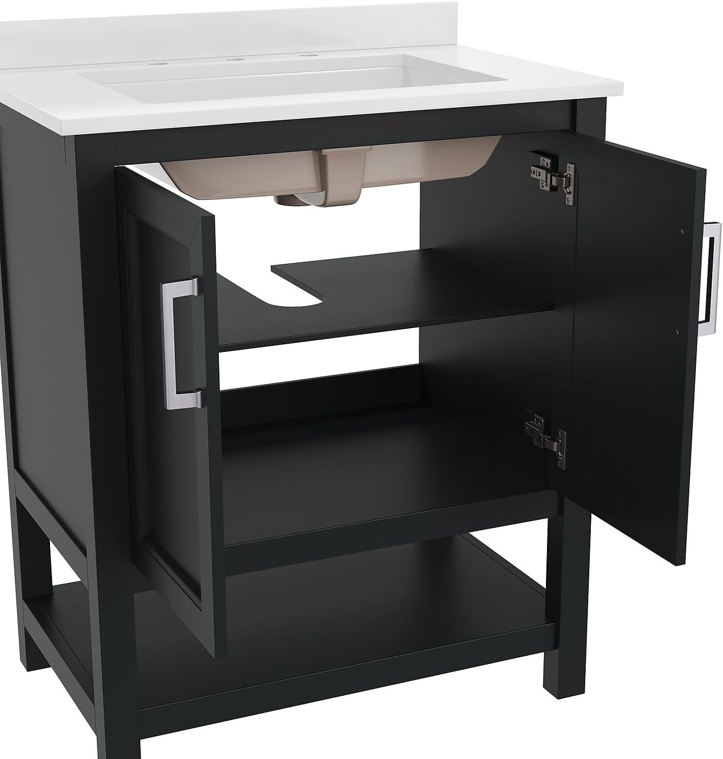 Flash Furniture Vega 30 Inch Bathroom Vanity with Sink Combo, Storage Cabinet with Soft Close Doors and Open Shelf, Carrara Marble Finish Countertop, Black