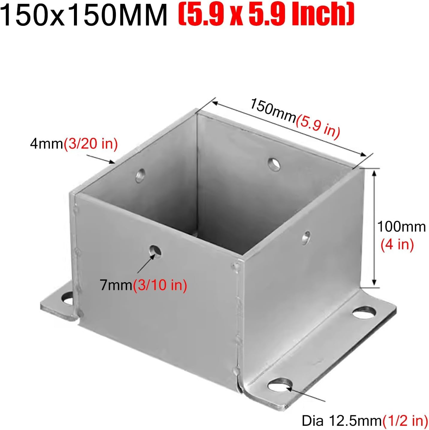 4 Pack Wood Fence Post Base Brackets, Concrete Post Anchor for Deck Railing/Vinyl Fence/Mailbox, Enclosed Bottom Pergola Support Bracket with Installation Kit(150x150 mm (5.9x5.9 in))