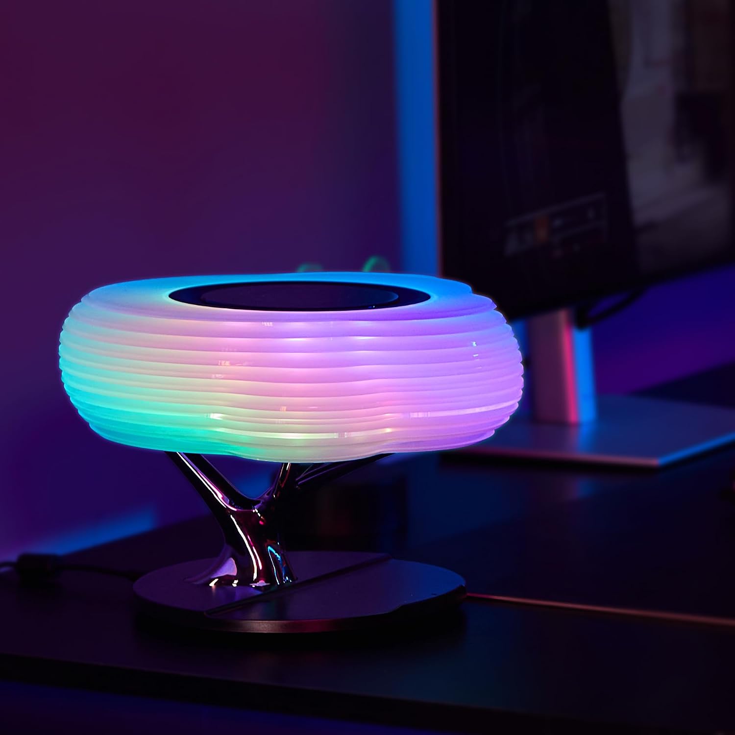 Bonsai Modern LED Bedside Smart Table Lamp with Built-in TWS Bluetooth Speaker and Qi Wireless Charger for Home and Office, Stepless Dimming with Sleep Mode (Clouds)