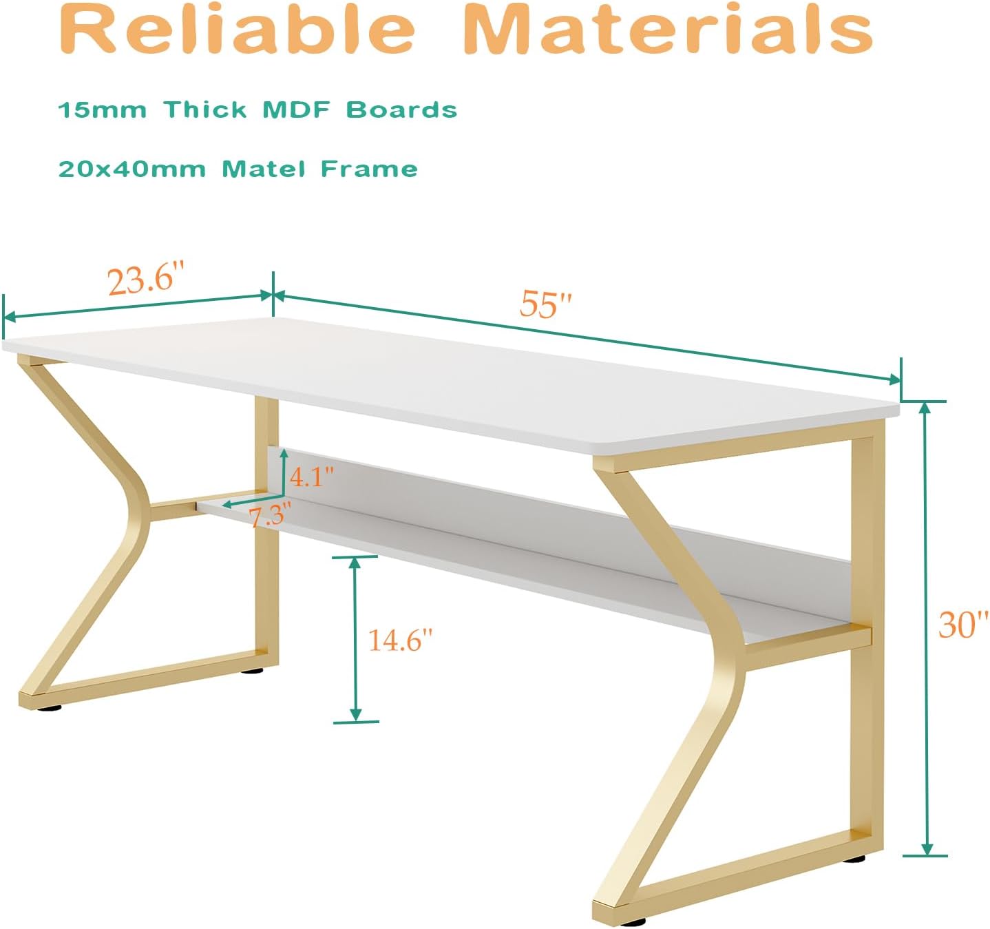 OSCHF Double Long Desk with Bookshelf - 55' Extra Long Writing Table for 2-Person Workstation, Modern Study Work Computer Desk for Home and Office, Gold