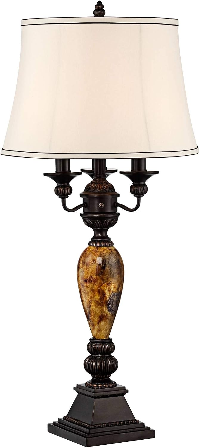 Kathy Ireland Mulholland Traditional Vintage Table Lamp 37' Tall Bronze Golden Marbleized White Bell Shade Decor for Living Room Bedroom House Bedside Nightstand Home Office Entryway Family