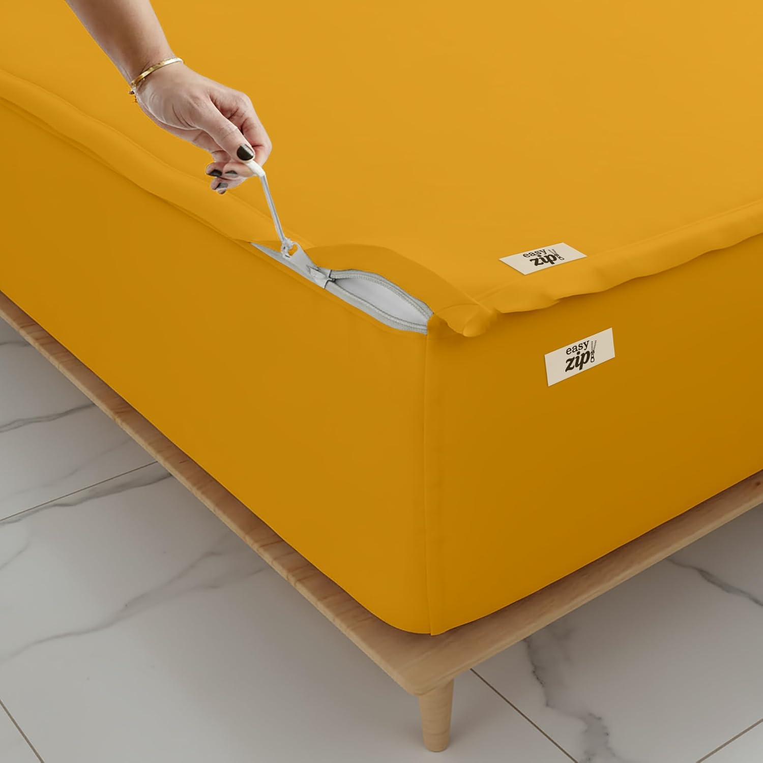 COTTON STICH 600 TC Zipper Fitted Sheet, 100% Egyptian Cotton, 18' Deep Pocket, Easy Zip Change, All-Around Secure Fit - Queen Size Bed - Gold Yellow