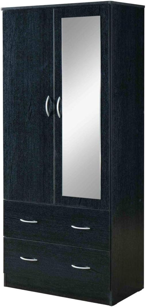 HODEDAH 2 Door Wood Wardrobe Bedroom Closet with Clothing Rod inside Cabinet, 2 Drawers for Storage and Mirror, Black