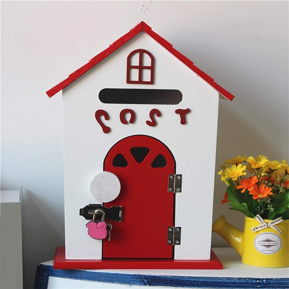 Wooden Retro Mailbox Suggestion Box Lockable Post Letter Newspaper Mailbox Wedding Ornament Garden Decor(White-Dinosaur Doodle4)
