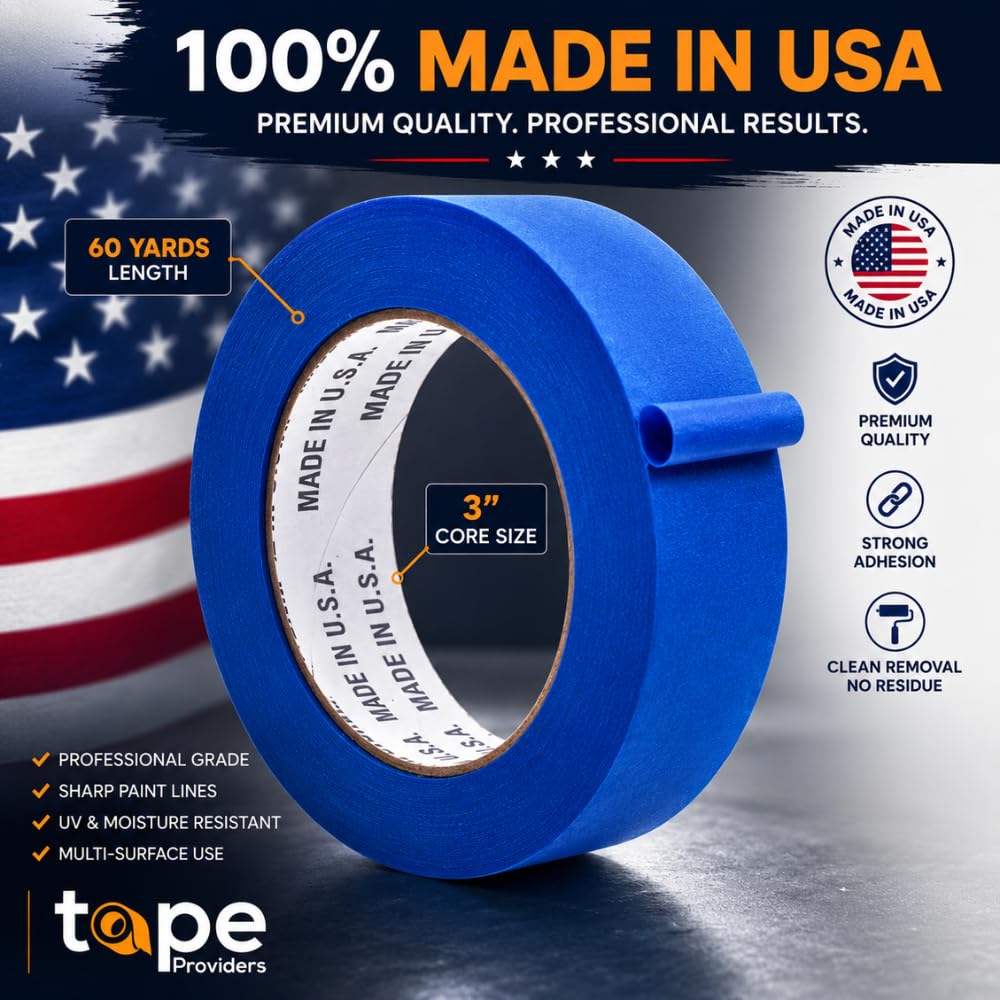 Made in USA Blue Painter's Tape - 1 inch x 60 yds. (48 Pack) Thick & Wide Masking Tape for Safe Wall Painting, Building, Remodeling, Labeling, Edge Finishing