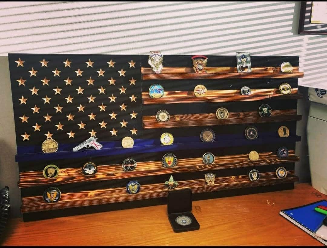 Thin Blue Line Challenge Coin Holder Display, Wooden Shelves hold 90-100 Coins, for Military, Police, Law Enforcement, First Responders, Custom Handmade Quality, Made in Texas