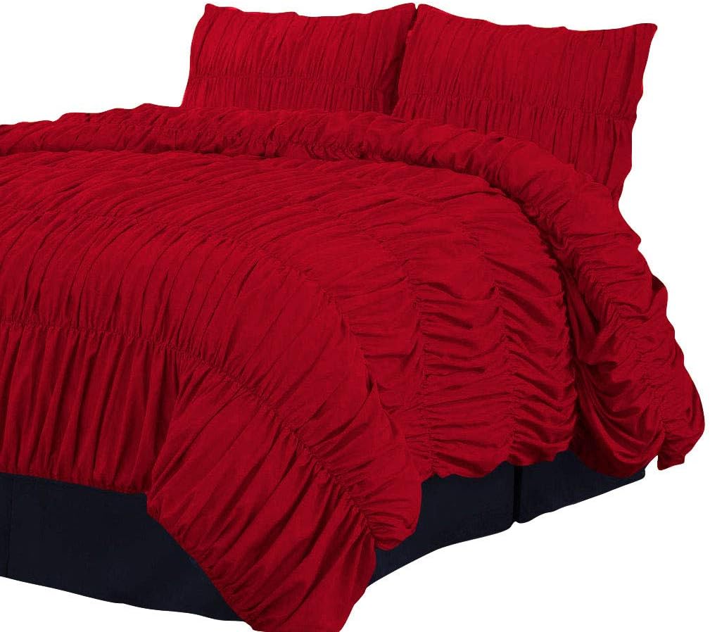 800 Thread Count 100% Egyptian Cotton 1 Piece Gathered Ruffle Duvet Cover with 2 Matching Pillowshams Zipper Closure Queen/Full Solid Blood Red