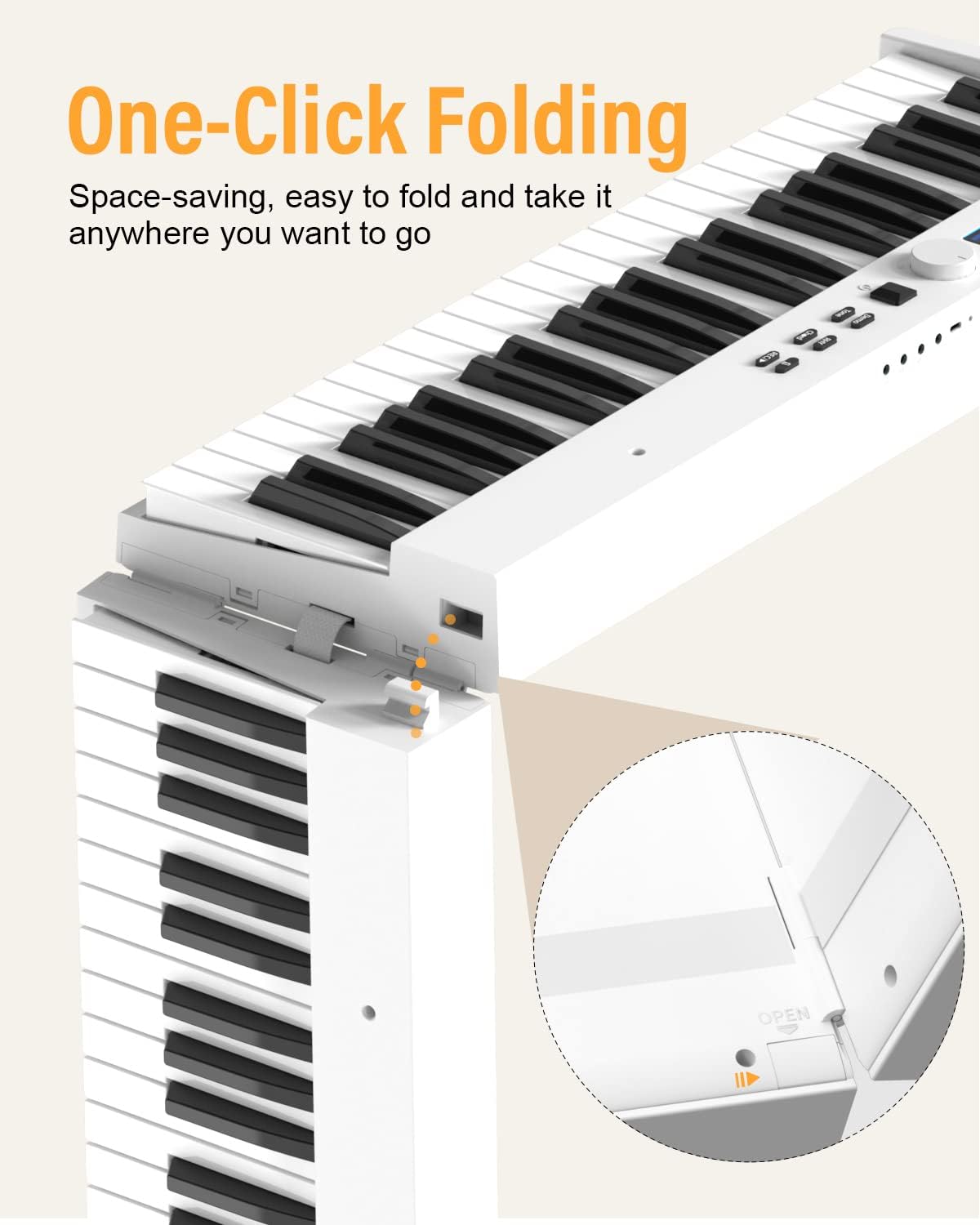 KONIX Folding Piano Keyboard, 88 Key Full Size Semi Weighted Foldable Keyboard Piano, Portable Bluetooth Electric Piano with Sheet Music Stand, Sustain Pedal and Piano Bag, White