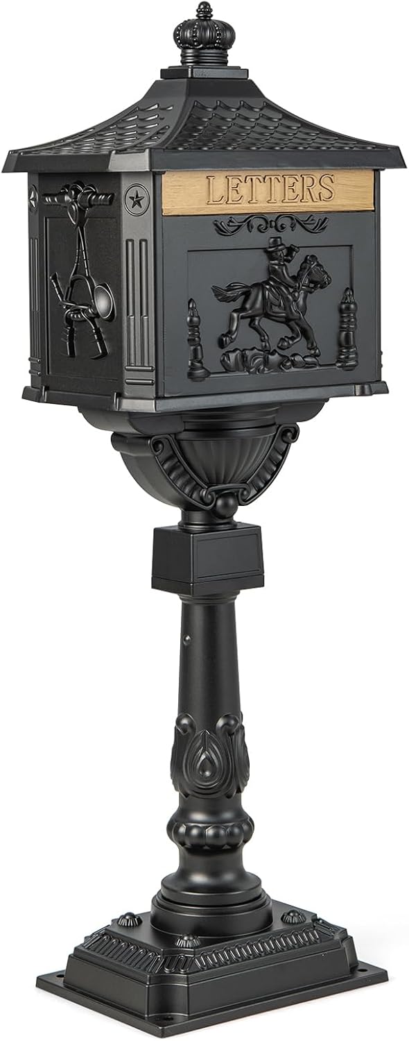 IRONMAX Mailbox for Outside, Locking Cast Aluminum Rural Security Postal Box with Keys, Heavy Duty Water-Resistant Mailbox with Post for Residential House, Black