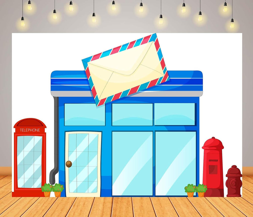 BELECO 20x10ft Fabric Post Office Backdrop Cartoon Street Blue Postoffice Mailbox Telephone Booth Background for Themed Party Decorations Postman Kids Birthday Shoot Photo Studio Props
