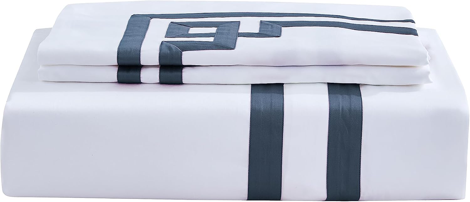 3 Pcs Do Not Include Filling Duvet Cover Set 100% Egyptian Cotton Sateen Luxury 400 TC (White Navy, Full)