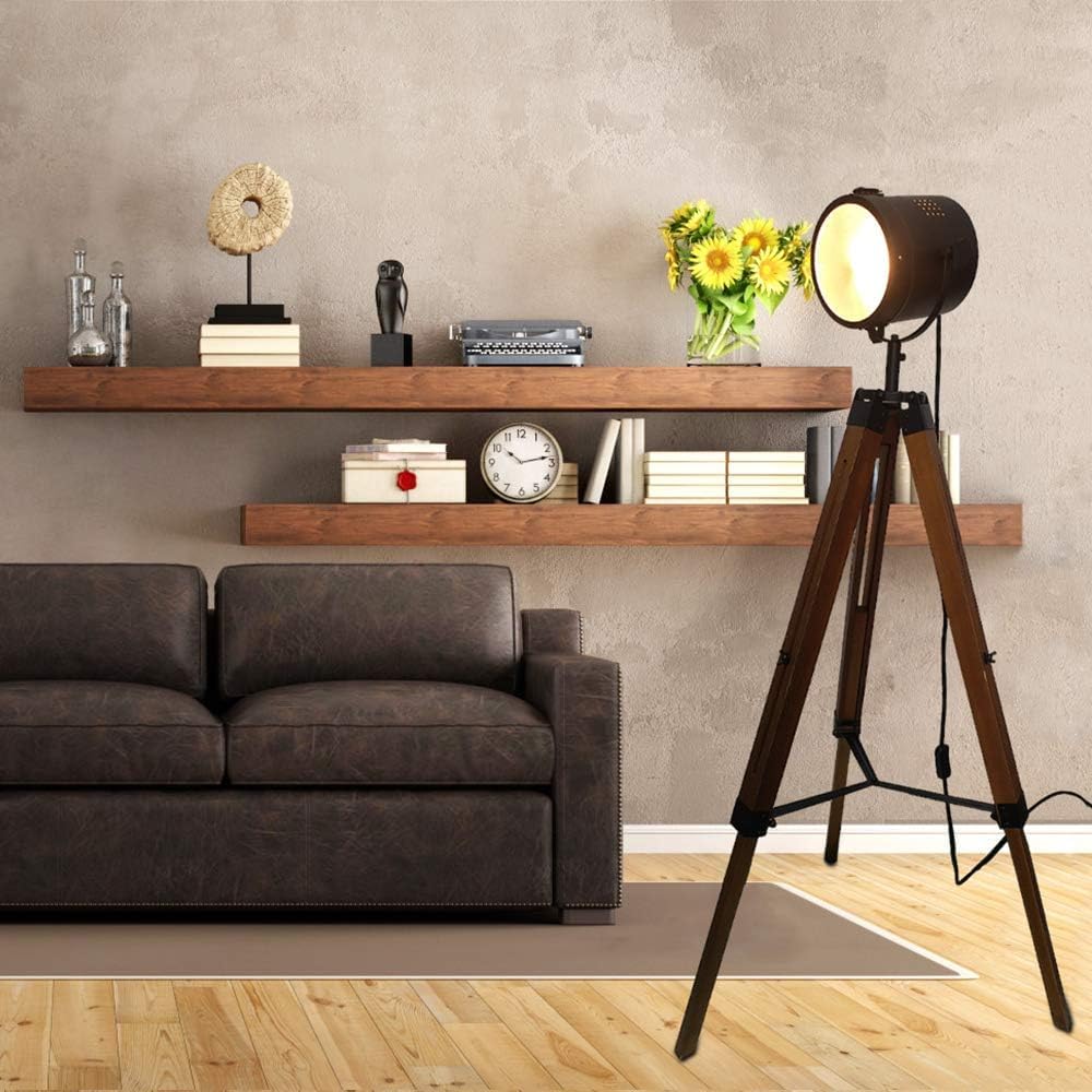 DEC LUCE DECOLUCE LIGHTING Vintage Industrial Tripod Floor Lamp - Adjustable Spotlight for Living Room & Bedroom | Wooden & Metal Design | Perfect for Office, Cinema, Dorm | Black (Bulb Not Included)