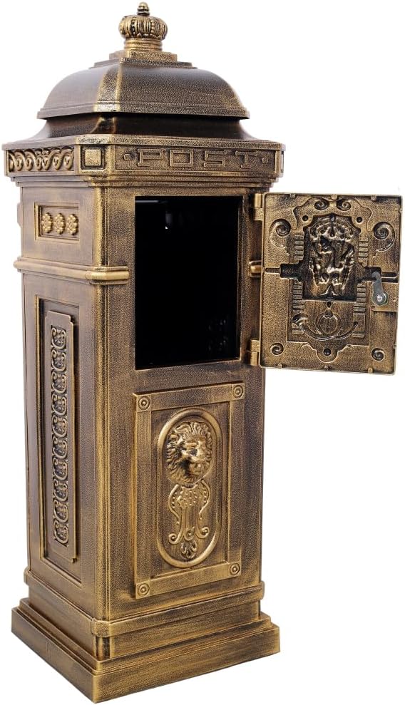 Copper Mailbox, Large Lockable Package Drop Box with Roman Statue, Rustproof Cast Aluminum Mail Boxes for Outside, Vintage Post-Mount Design, Weatherproof & Elegant Garden Letter Box (Copper)