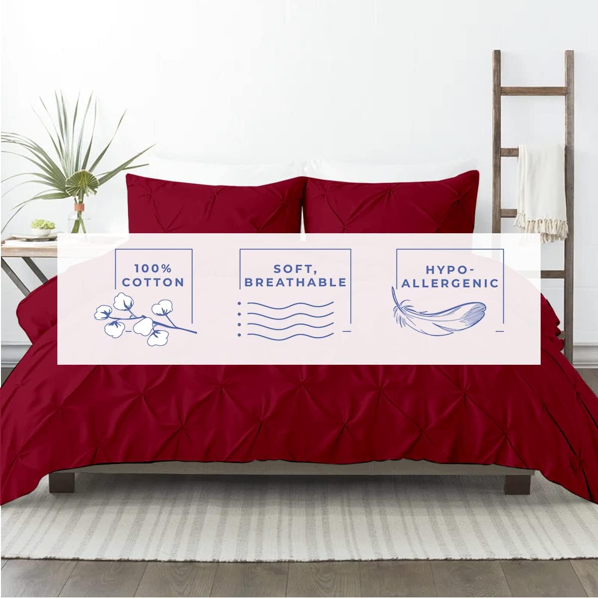 All Season Down Alternative Premium Pinch Pleated Comforter Sets 500 GSM 100% Soft Egyptian Cotton 1-Pintuck Comforter with 2-Pintuck Pillowsham-Oversized Queen Size, Burgundy