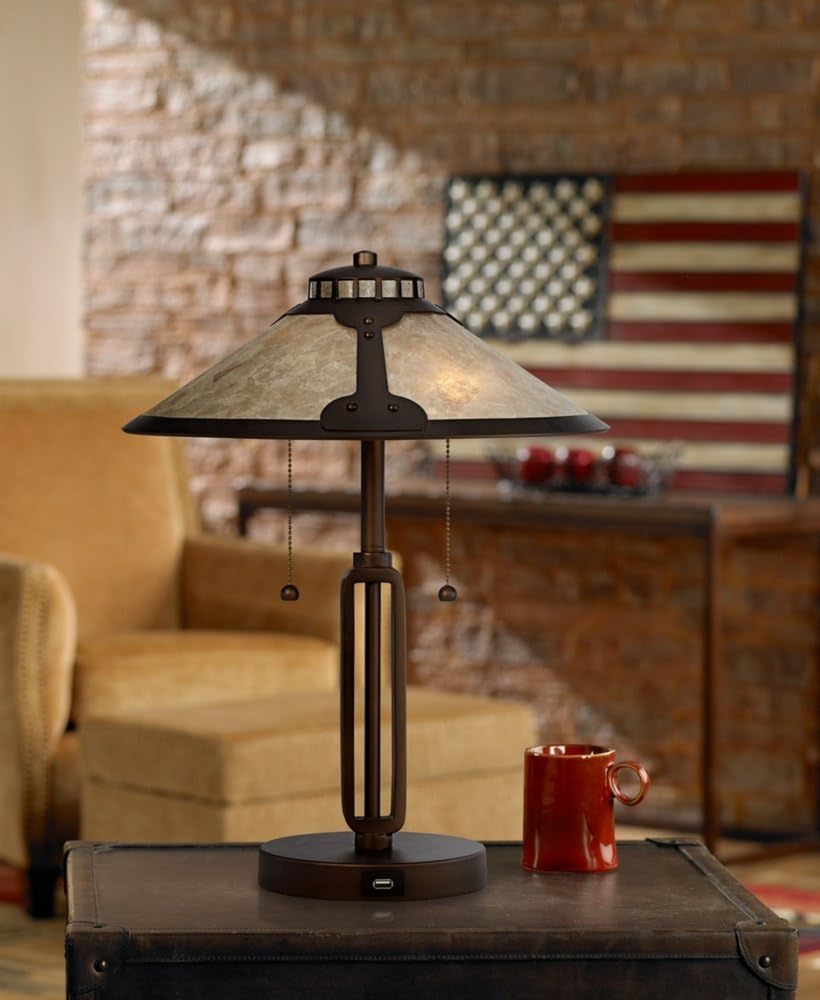 Franklin Iron Works Samuel 20' High Industrial Mission Hotel Style Desk Table Lamp with USB Ports A+C Charging Rubbed Bronze Natural Mica Shade for Living Room Bedroom House Bedside Nightstand Home