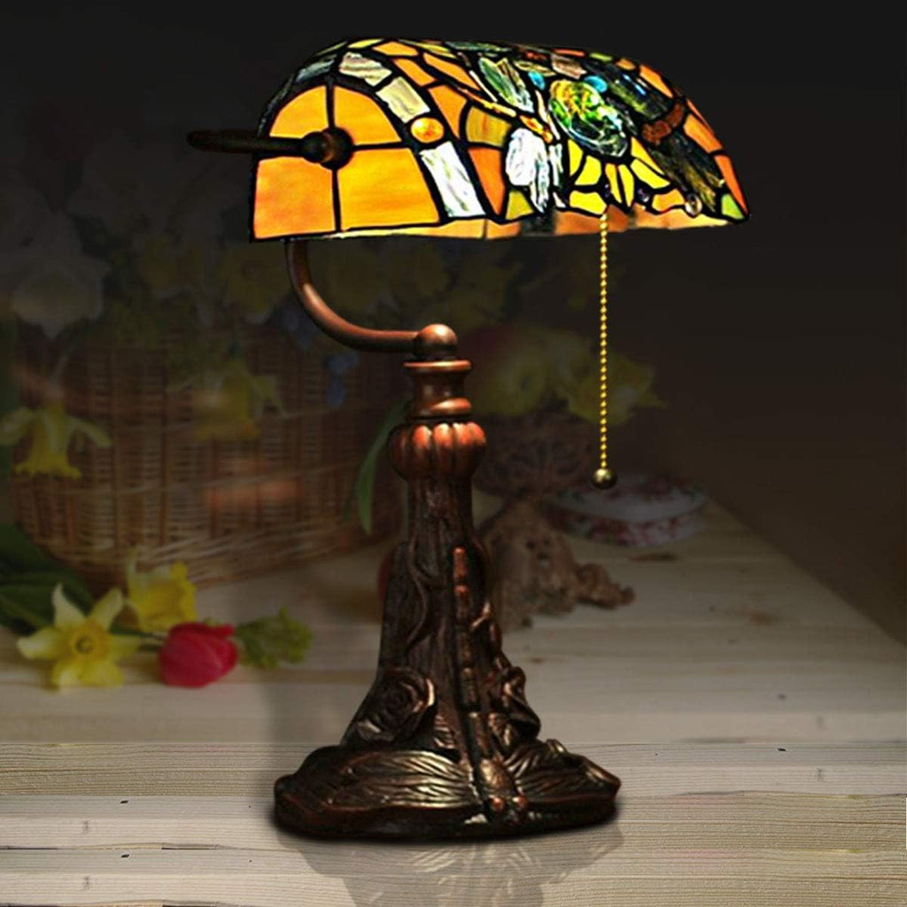 Tiffany Lamp Stained Glass Table Lamp for Living Room Side Dragonfly Piano Lamp Small 15.5' Tall Bedroom Bedside Table Lamp Chain Switch Banker's Home Office Desk Light Farmhouse Lamps