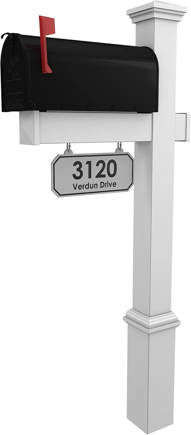 4Ever Products The Saybrook Vinyl Mailbox Post System - Includes Black Steel Mailbox and Custom Street Address