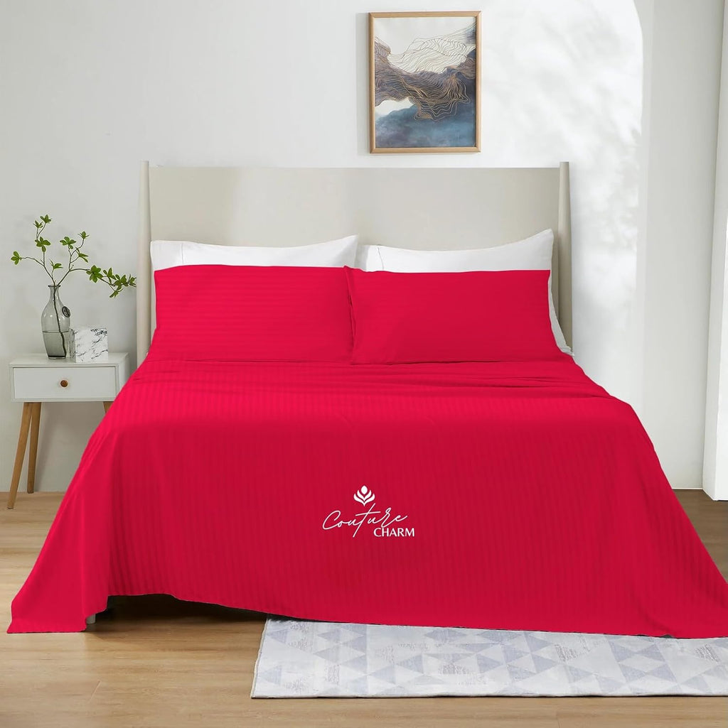 Queen Size 1000 Thread Count 100% Egyptian Cotton Sheet Set, 4-Piece, Sateen Weave, with 10-12' Deep Pocket Snug Fit (Stripe, Red)