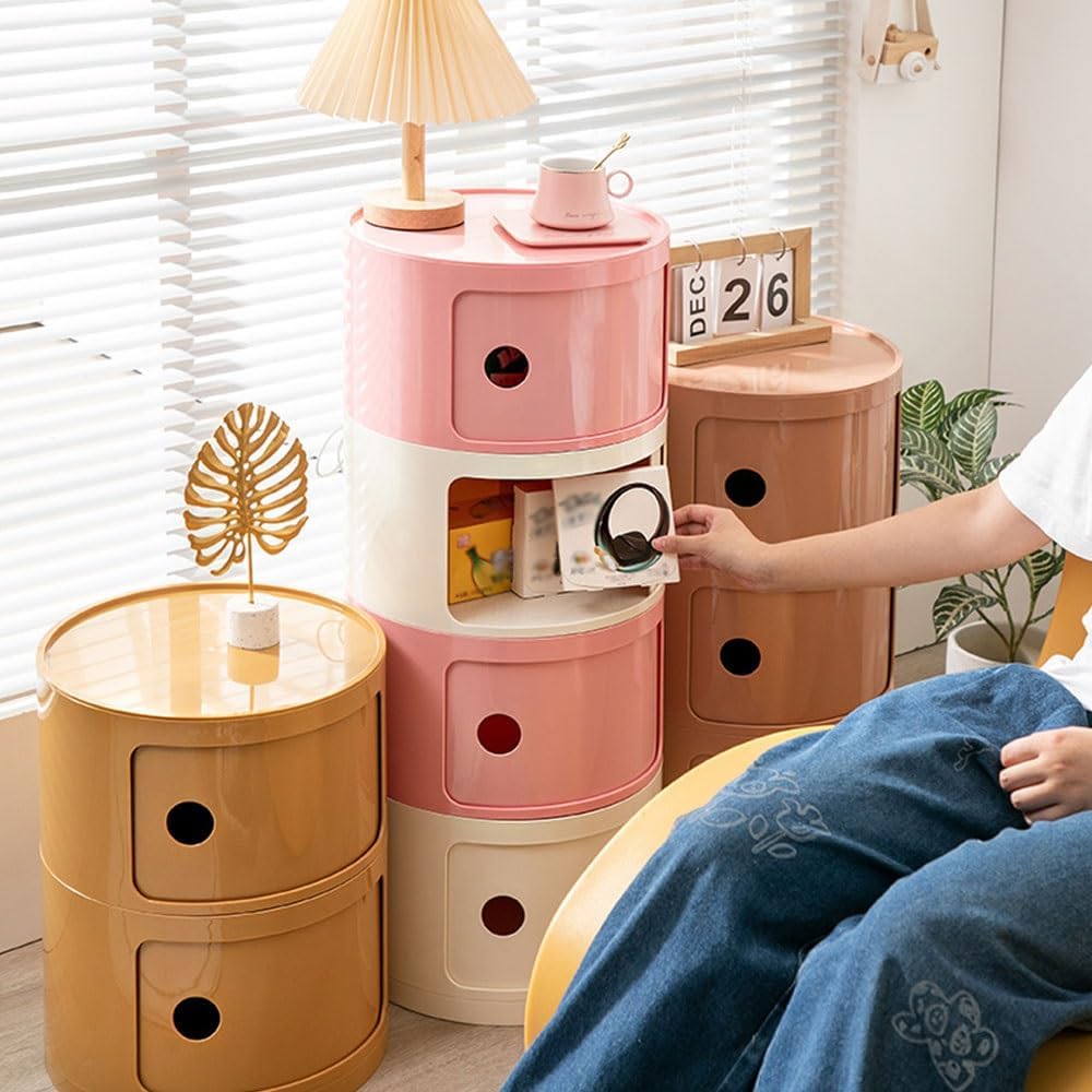 Round Nightstand with Drawers, Round Bedside Table 2/3/4 Tier Plastic Nightstand Storage, RoundStorage Cabinet with Sliding Door, Modern End Table Side Table, for Living Room, Bedroom, Bathroom