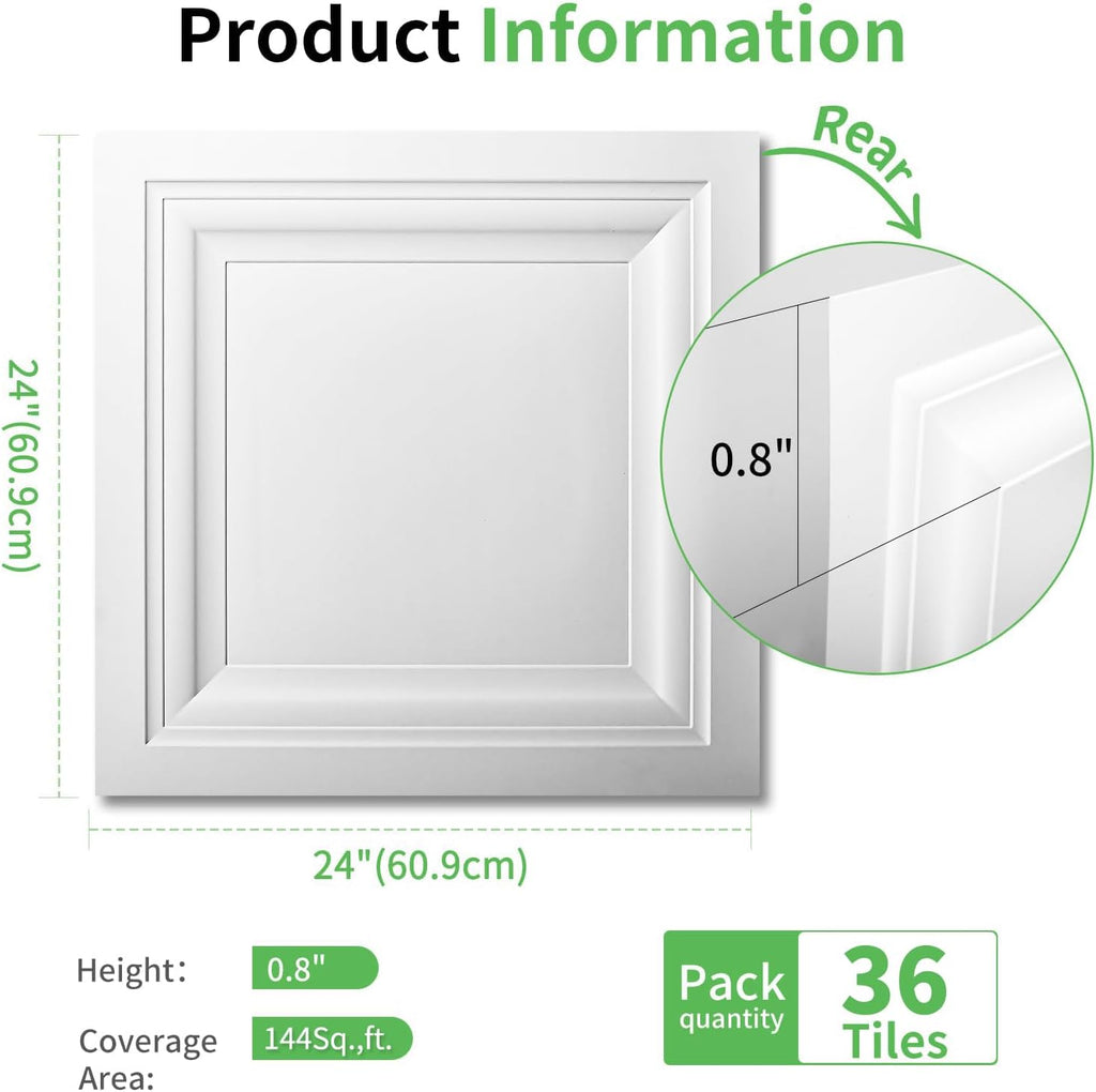 Art3d Drop Ceiling Tiles 36 Pack, 2ft x 2ft PVC Glue-up Ceiling Tiles, 24x24 Wall Tiles for Indoor Decor, Home, Office, Coffee Shop, Restaurant, Gym, Multi-Pack, Covers 144 Sq. Ft, Square White