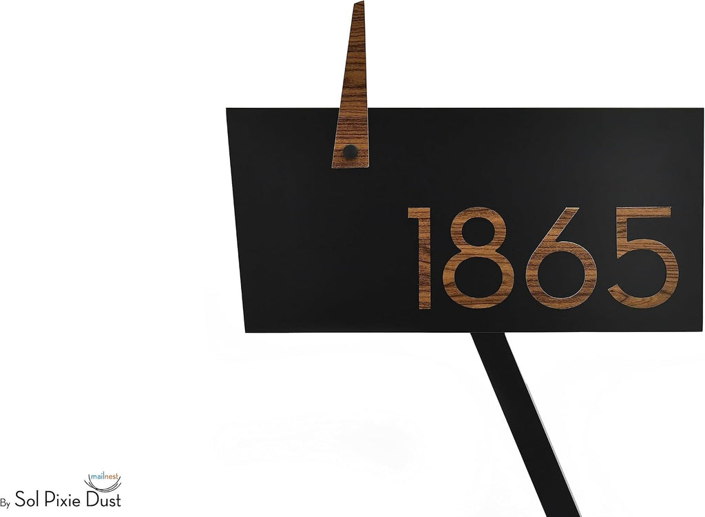 Contemporary Post-Mount Mailbox - Aluminum Black Body with Aluminum Door, Numbers and Flag - Large Customized Mailbox - Type 4 (Walnut Wood)