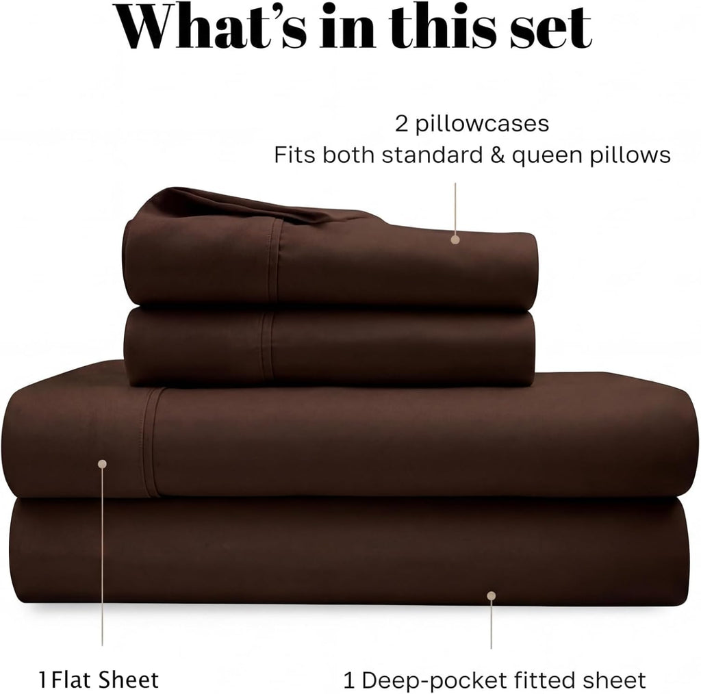 Superior Egyptian Cotton 530 Thread Count Bed Sheet Set, 1 Elastic Deep Pocket Fitted Sheet, 1 Flat Sheet, 2 Pillowcases, Soft Bedding, Luxury Sheets, Sateen Weave, Queen Size, Chocolate