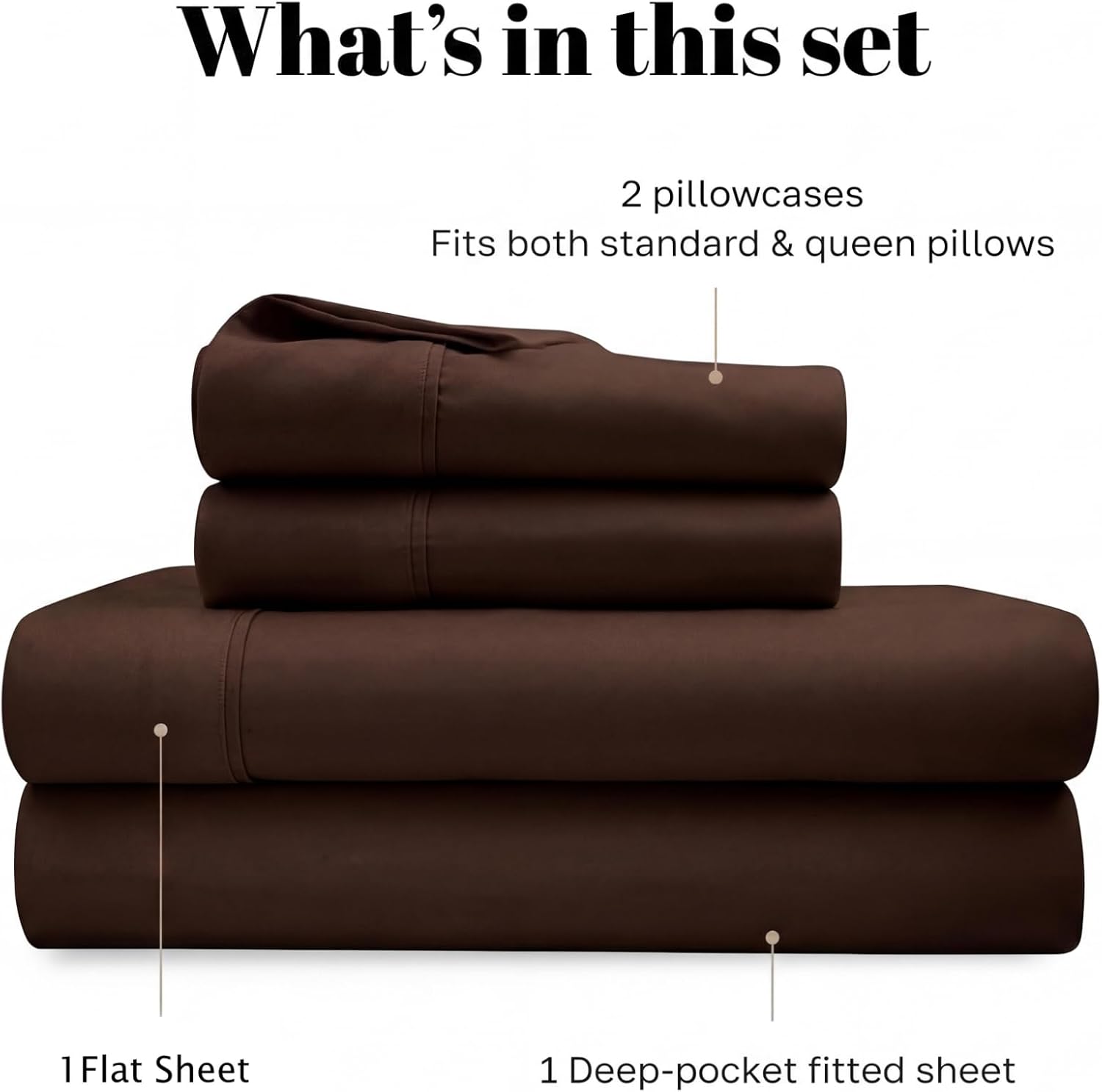 Superior Egyptian Cotton 530 Thread Count Bed Sheet Set, 1 Elastic Deep Pocket Fitted Sheet, 1 Flat Sheet, 2 Pillowcases, Soft Bedding, Luxury Sheets, Sateen Weave, Queen Size, Chocolate