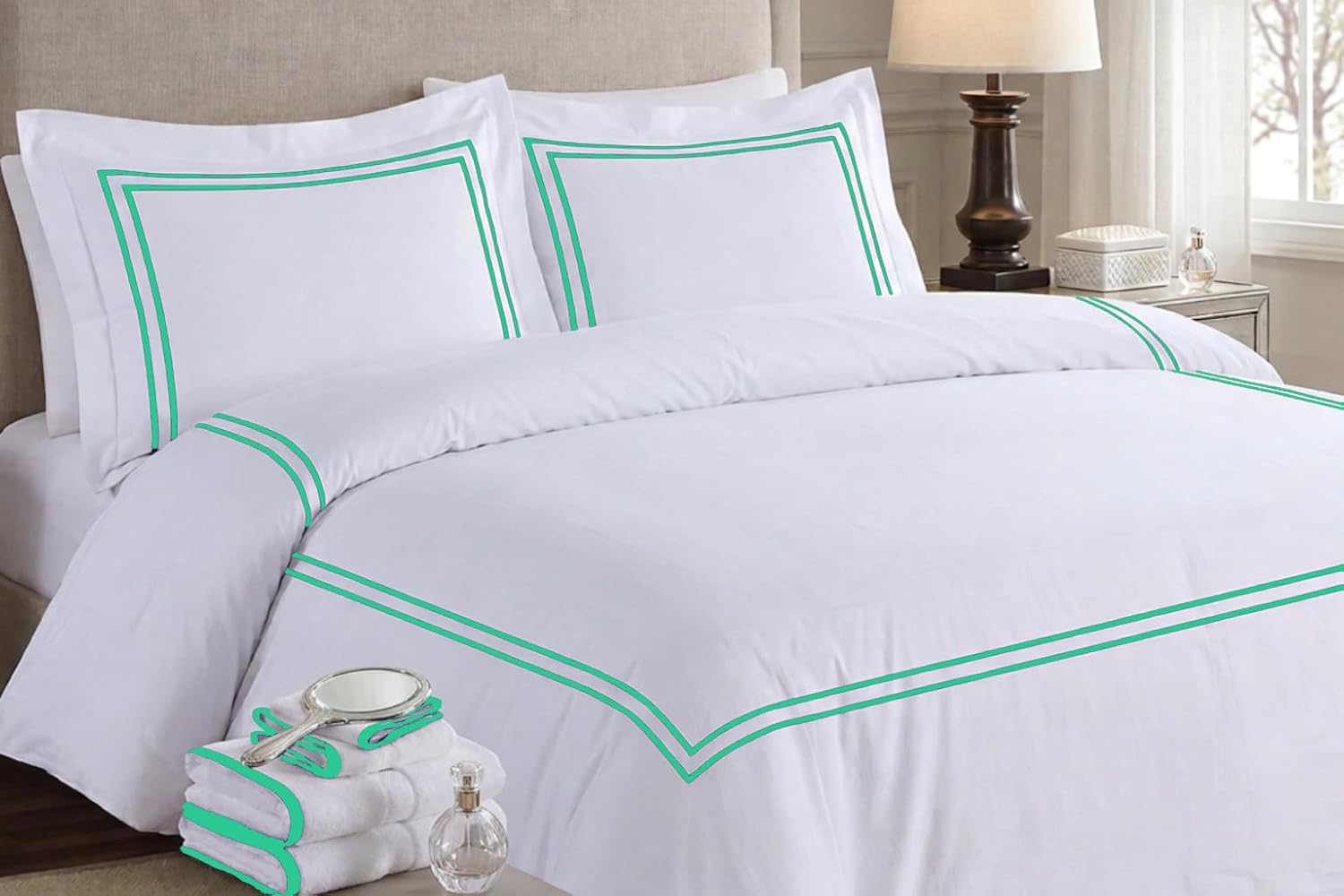 BedDecor Luxury 400-TC Egyptian Cotton 5PC Embroidered Duvet Cover Set with Beautiful 2-Stripe Embroidery(Aqua Green, Full/Queen)