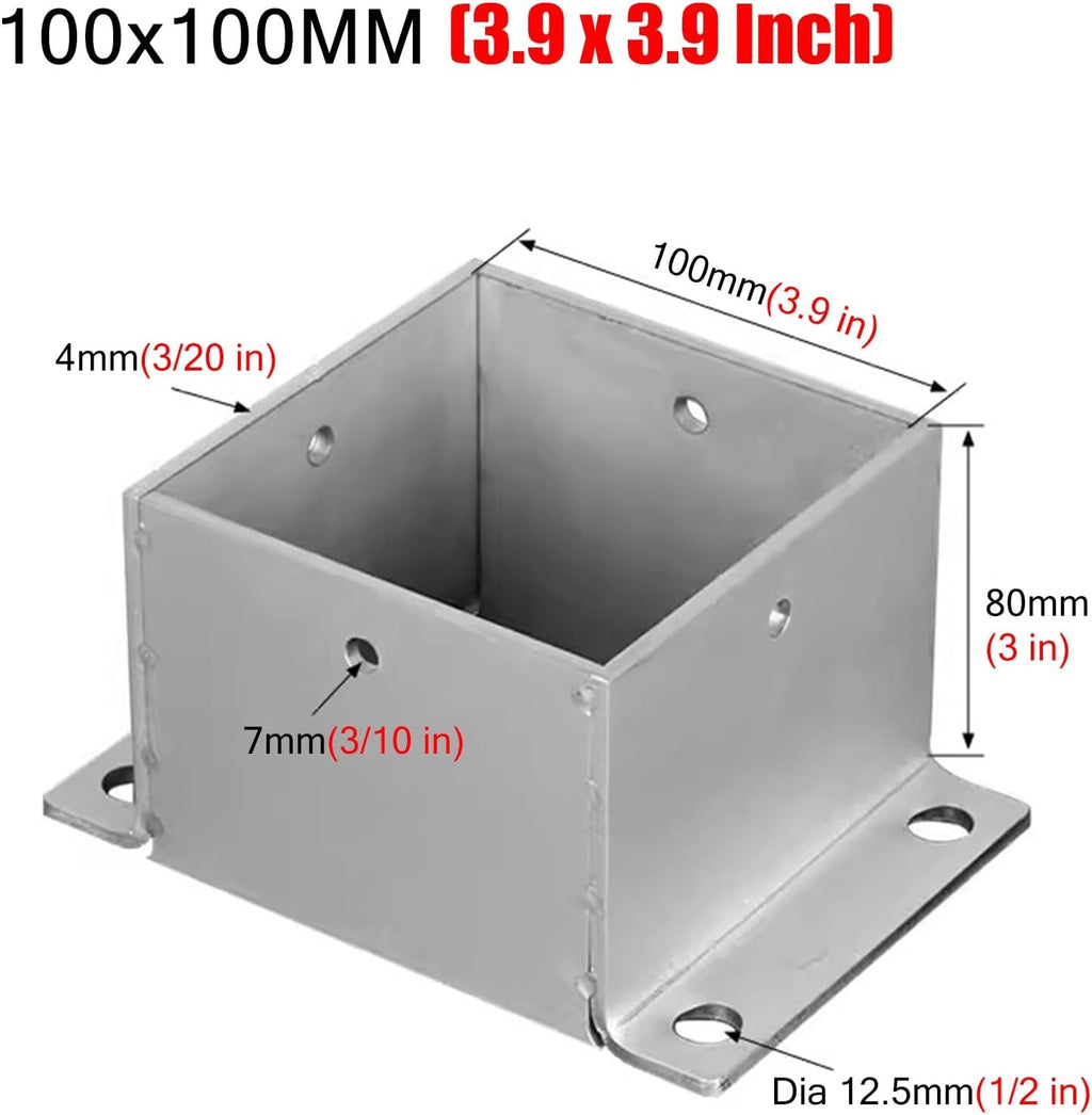 4 Pack Wood Fence Post Base Brackets, Concrete Post Anchor for Deck Railing/Vinyl Fence/Mailbox, Enclosed Bottom Pergola Support Bracket with Installation Kit(100x100 mm (3.9x3.9 in))