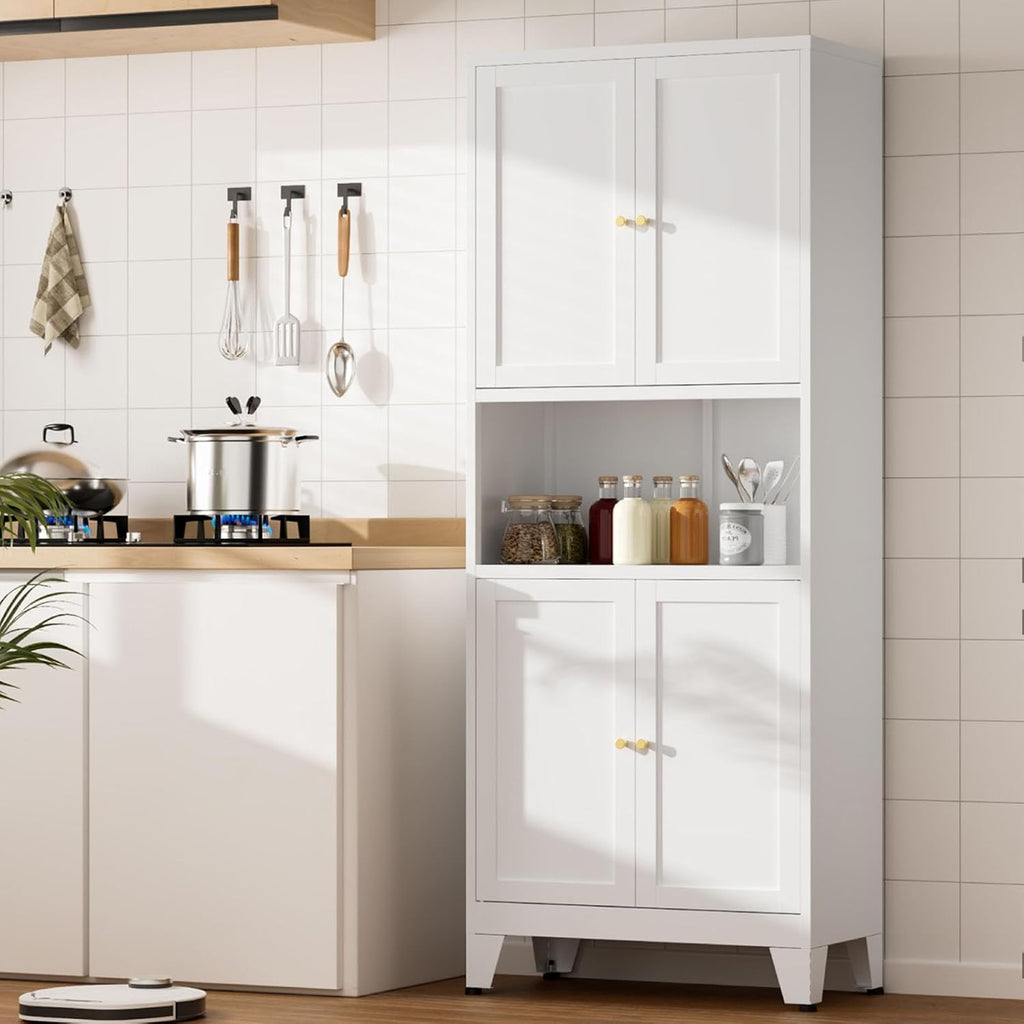 White Metal Kitchen Pantry Cabinet, 69' Tall Storage Cabinet with 4 Doors and 3 Adjustable Shelves, Freestanding Cupboards with Microwave Stand for Dining Room, Living Room, Bathroom
