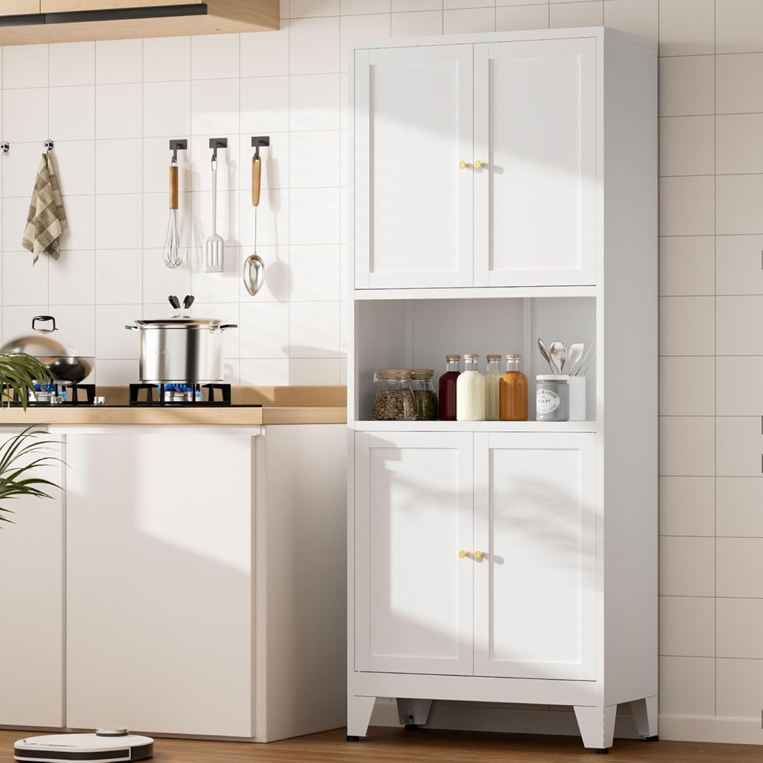 White Metal Kitchen Pantry Cabinet, 69' Tall Storage Cabinet with 4 Doors and 3 Adjustable Shelves, Freestanding Cupboards with Microwave Stand for Dining Room, Living Room, Bathroom