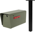 Ilyapa Green Mid Century Modern Mailbox & 43' Heavy Duty Black Metal Post Mount Sleeve Bundle - Outdoor Mail Box for Curbside Delivery