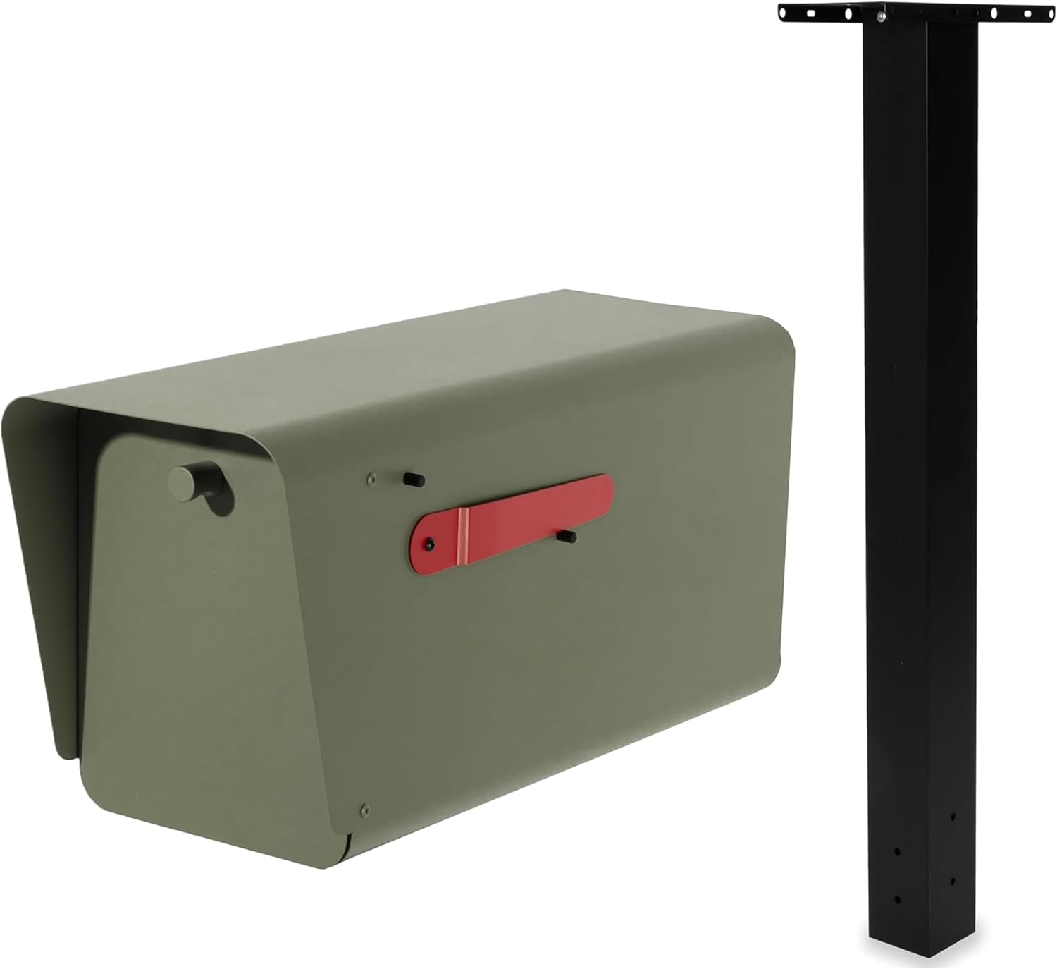 Ilyapa Green Mid Century Modern Mailbox & 43' Heavy Duty Black Metal Post Mount Sleeve Bundle - Outdoor Mail Box for Curbside Delivery