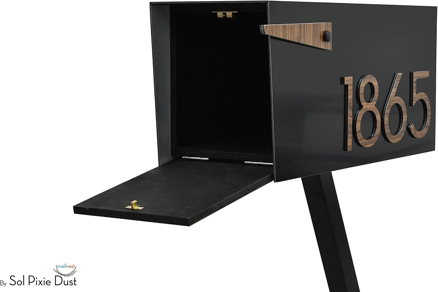 Contemporary Post-Mount Mailbox - Aluminum Black Body with Aluminum Door, Numbers and Flag - Large Customized Mailbox - Type 4 (Walnut Wood)