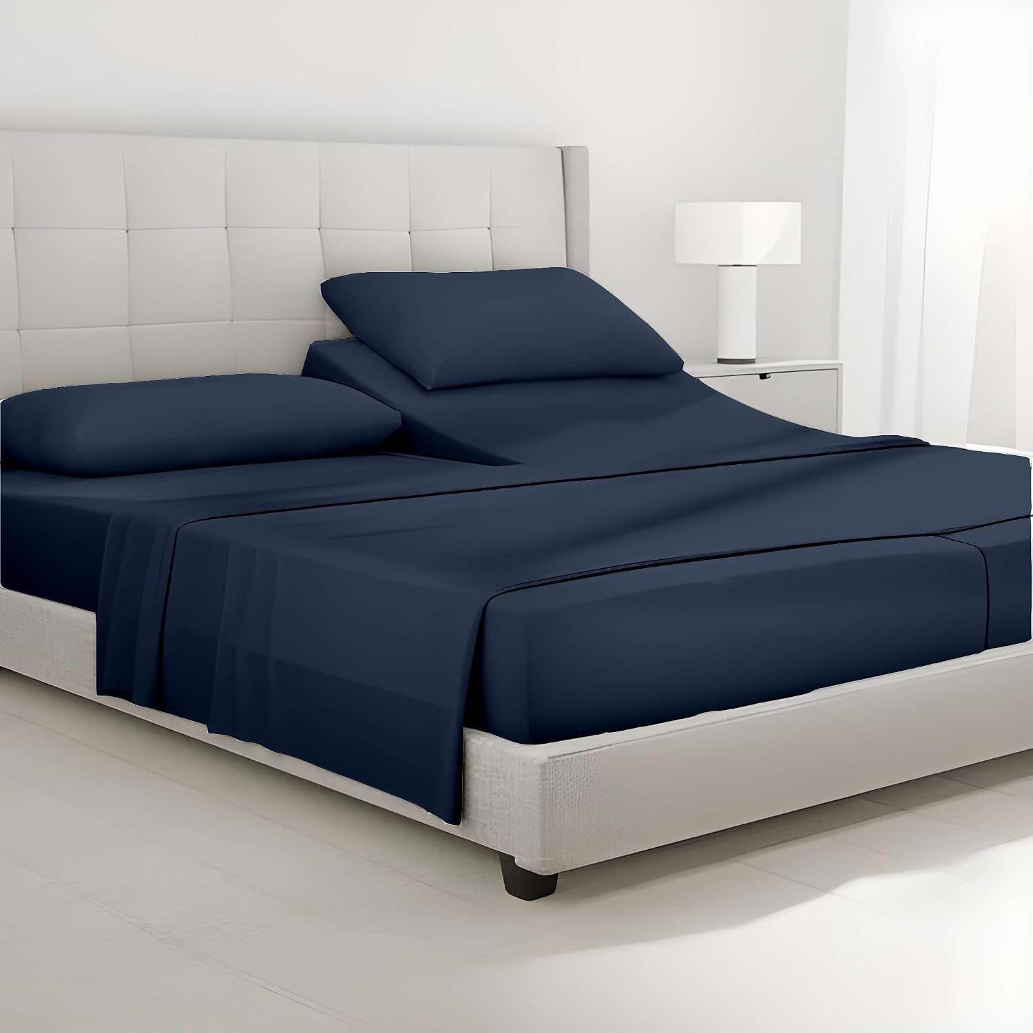SlumberWell Top Split King Sheets Sets for Adjustable Beds, Half Split King Sheet Sets for Adjustable Beds 18' Deep Pocket, 34' Split Top Sheets Giza Cotton Sheets, Navy Blue Solid