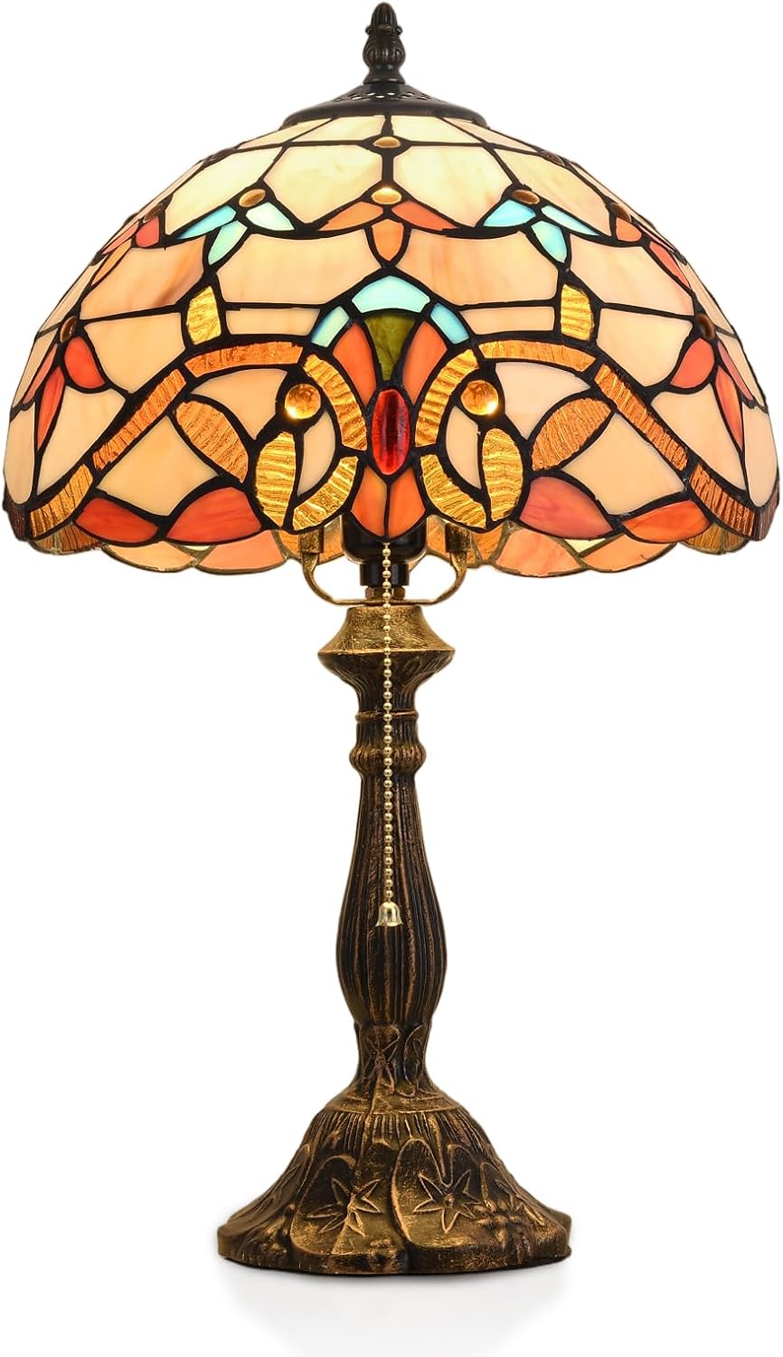 Tiffany Table Lamp, 12-inch Stained Glass Lamp for Living Room, Dining Room, Bedroom, Study Room, Office (Beige Baroque)