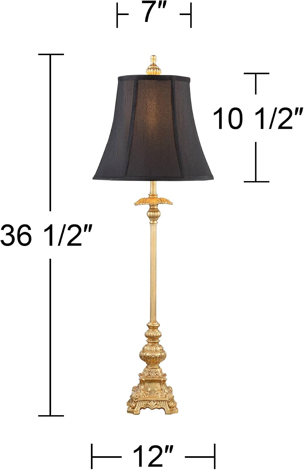 Regency Hill Juliette Traditional French Country Buffet Table Lamps 36.5' Tall Skinny Set of 2 Glam Luxury Style Gold Candlestick Black Fabric Bell Shade for Living Room House Home Entryway