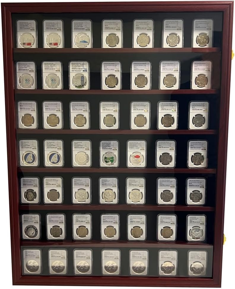 Wall-Mounted Walnut (7 Rows) NGC PCGS ICG Wooden Coin Slab Display Case Holder Frame Cabinet Storage for Coin Collection Medal Badges Sport Card Trading Card Collectibles Organization
