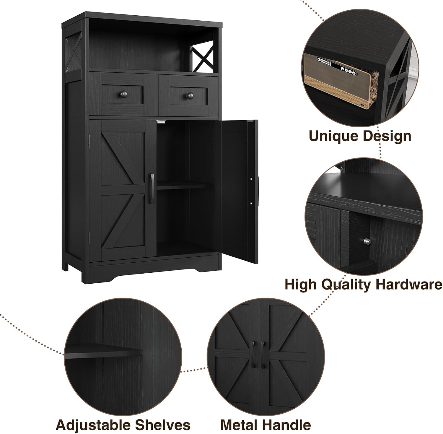 Befrases Set of 2 Black Storage Cabinet with Drawers and Shelves, Freestanding Black Kitchen Pantry, Floor Storage Cabinet Hutch Cupboard for Dining, Living Room, Home Office