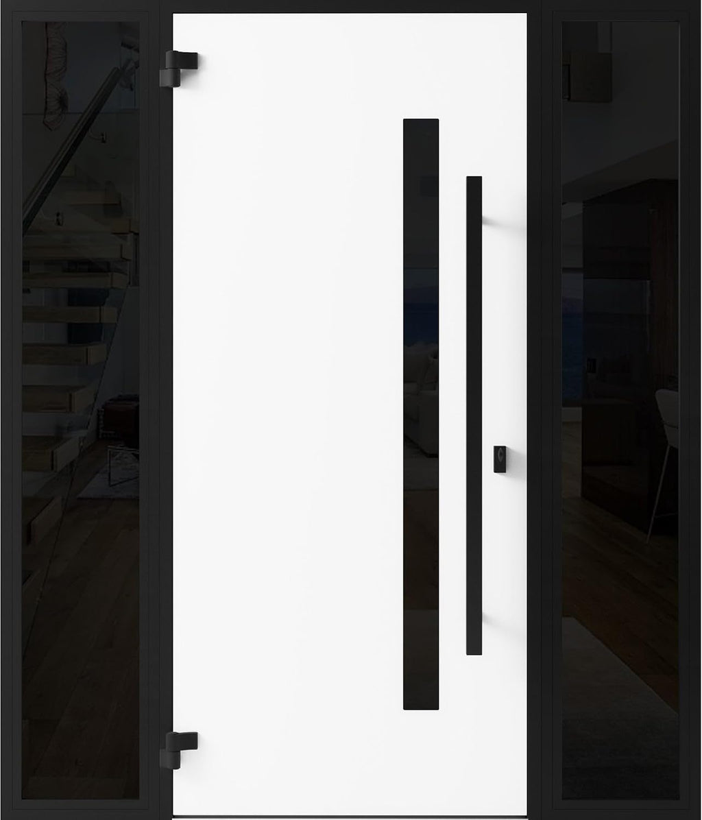VDOMDOORS Front Exterior Prehung Steel Door/Ronex 0144 Grey / 2 Side Exterior Windows Sidelites/Entry Metal Modern Painted W12+36+12' x H80 Right Hand Inswing
