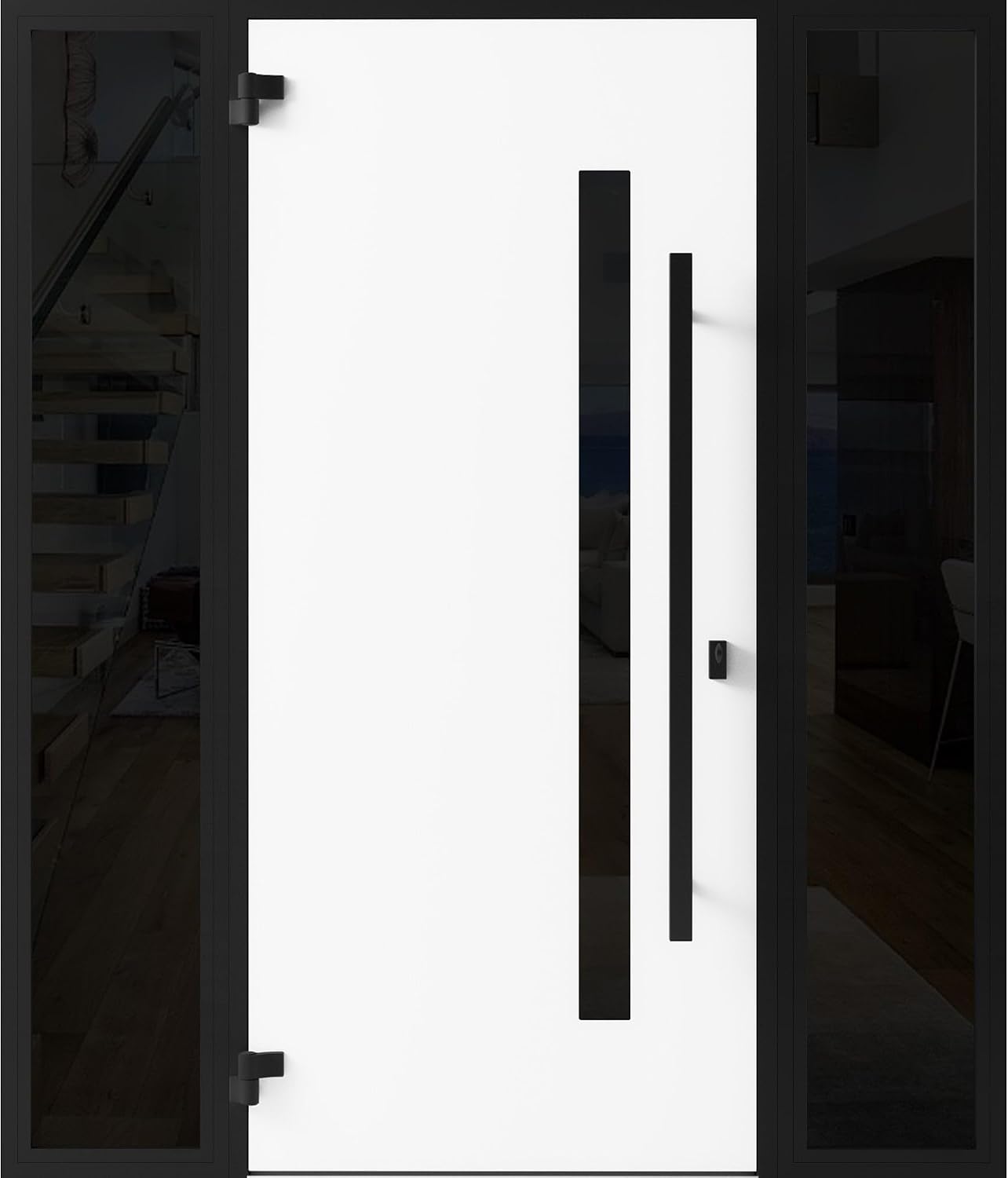 VDOMDOORS Front Exterior Prehung Steel Door/Ronex 0144 Grey / 2 Side Exterior Windows Sidelites/Entry Metal Modern Painted W12+36+12' x H80 Right Hand Inswing